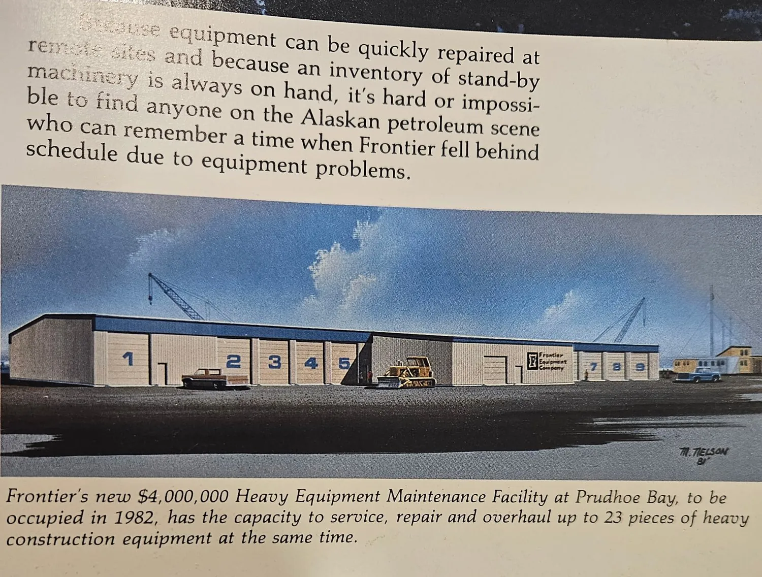 1981 brochure page showing Frontier's new Prudhoe Bay heavy equipment maintenance facility
